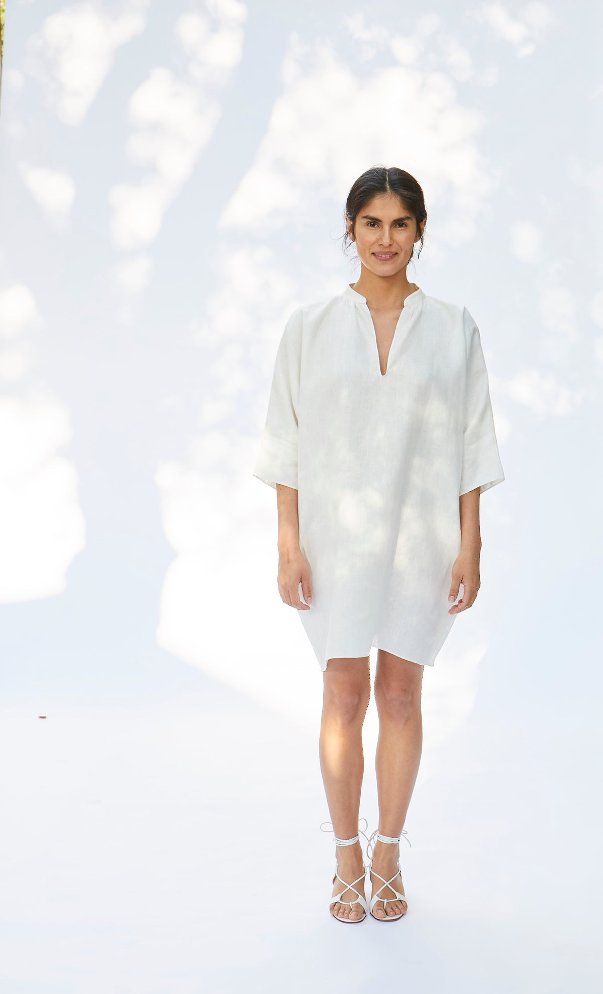rachel craven linen dress Una  Rachel Craven blue linen long V-neck caftan dress
